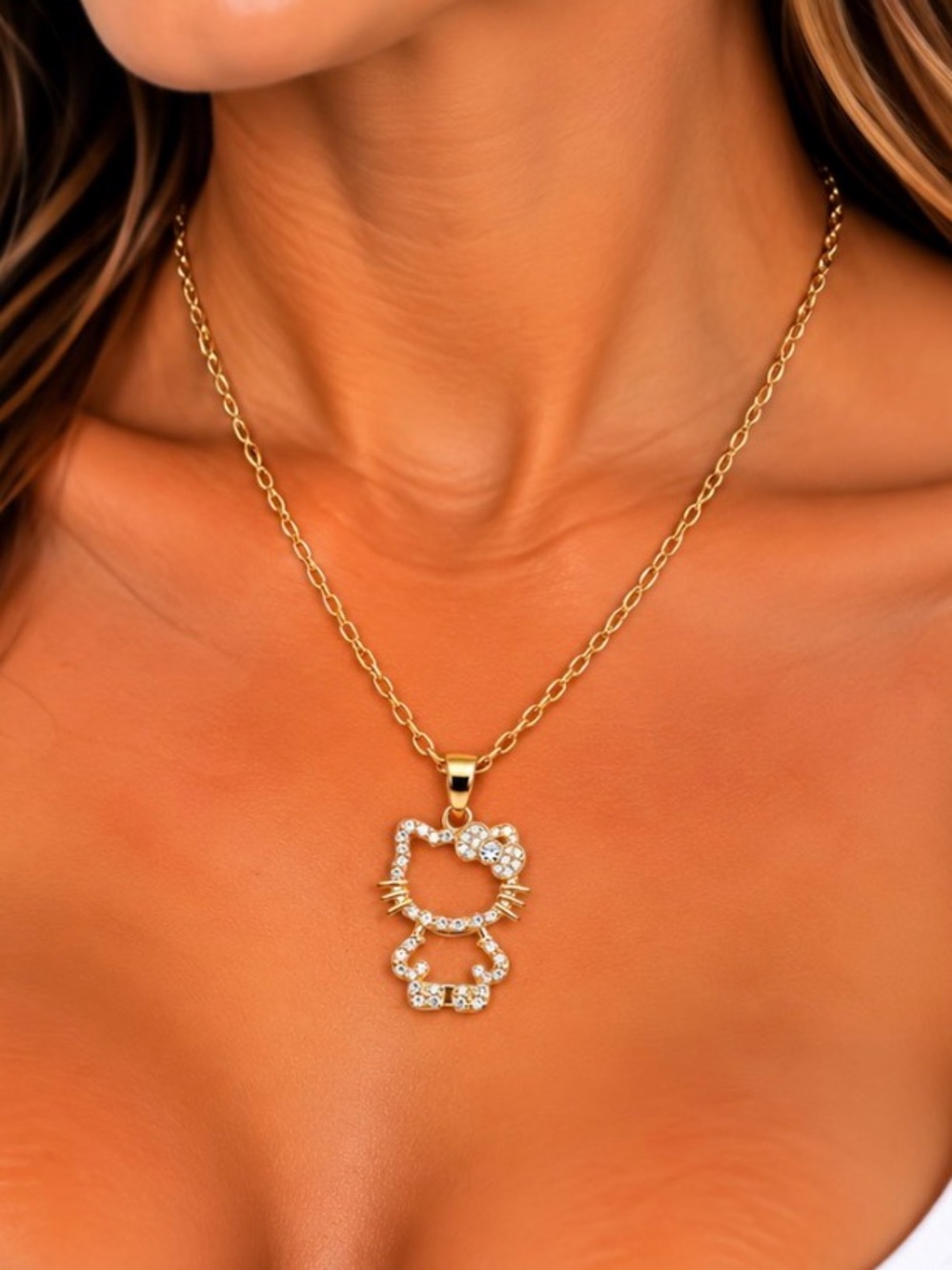 Sanrio Hello Kitty Gold Plated Rhinestone Metal Pendant Necklace